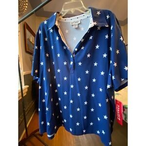 Women's 3X, C.D. Daniels, NWT, s/s polo top / shirt. Navy w White Star pattern